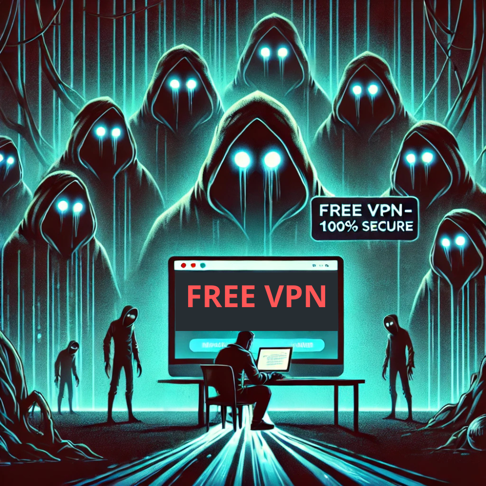 Une mise en garde visuelle avec un écran affichant "Free VPN – 100% Secure" tandis que des silhouettes menaçantes surveillent l'utilisateur en arrière-plan, illustrant le risque de collecte de données.