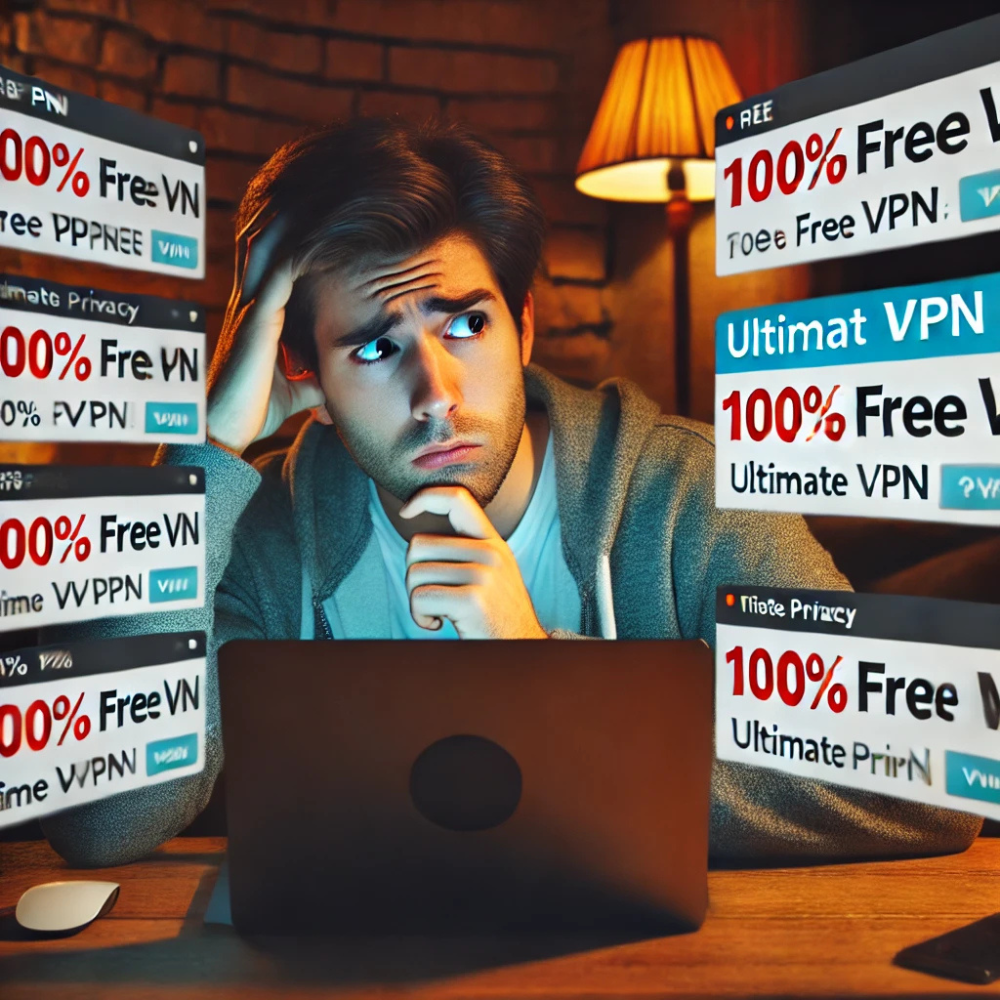 Une personne hésitante devant son écran, submergée par des publicités de VPN gratuits promettant une sécurité totale.