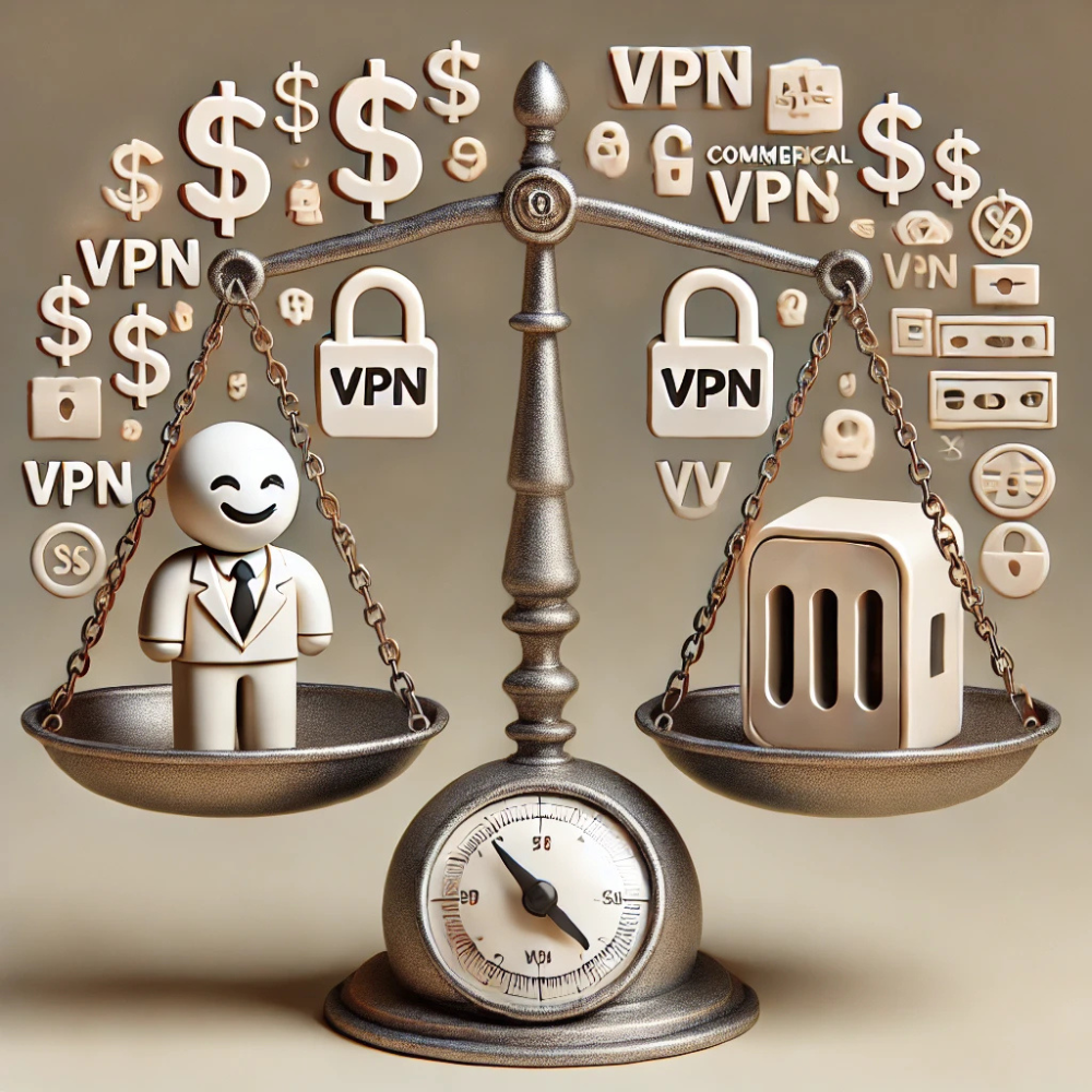 Une balance symbolique avec, d’un côté, une icône de VPN classique entourée de dollars et de publicités, et de l’autre, un petit serveur personnel avec un cadenas et un utilisateur satisfait. La balance est légèrement inclinée vers le serveur personnel, suggérant un choix plus éclairé.